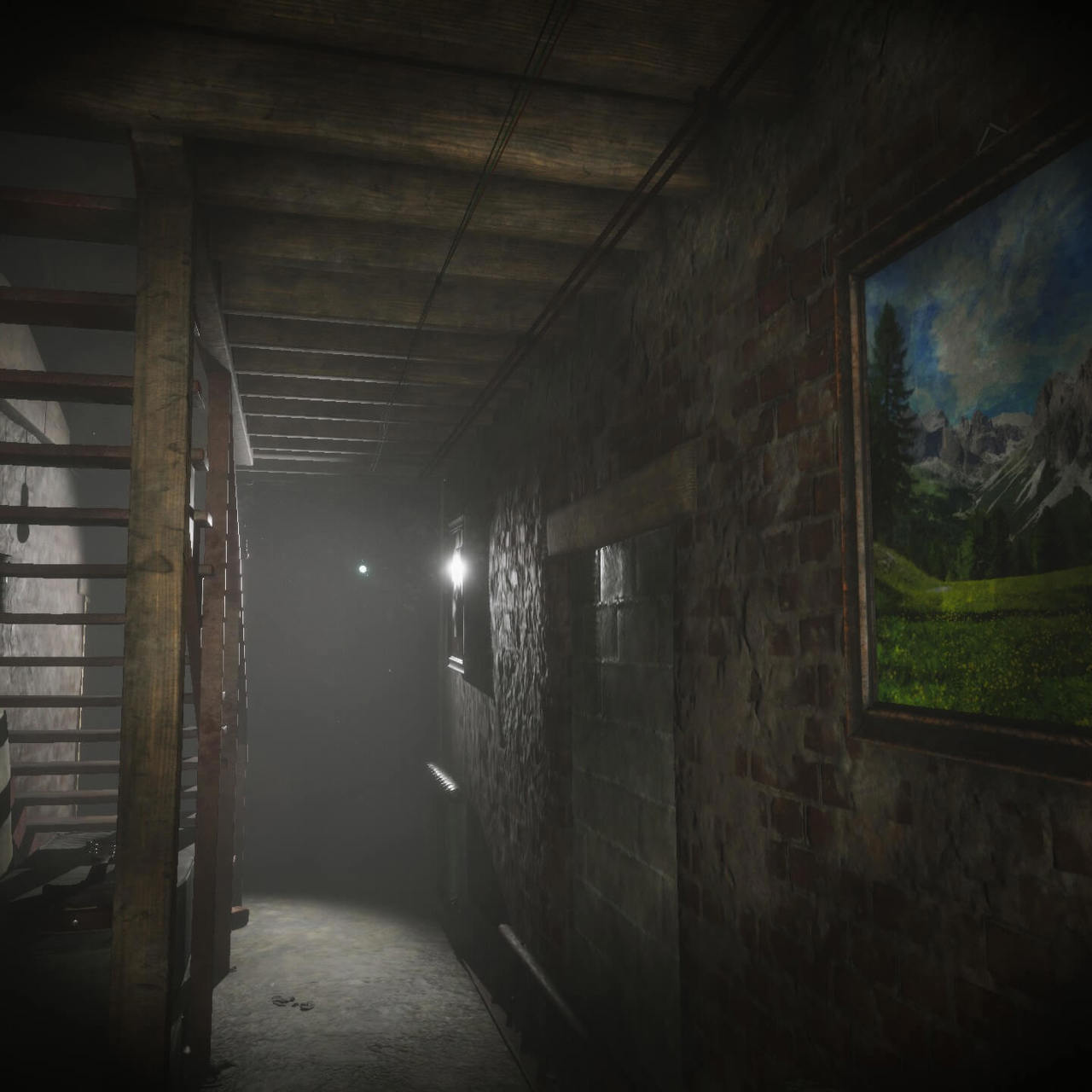 A darkly lit hallway with paintings on the wall in Eternal Threads