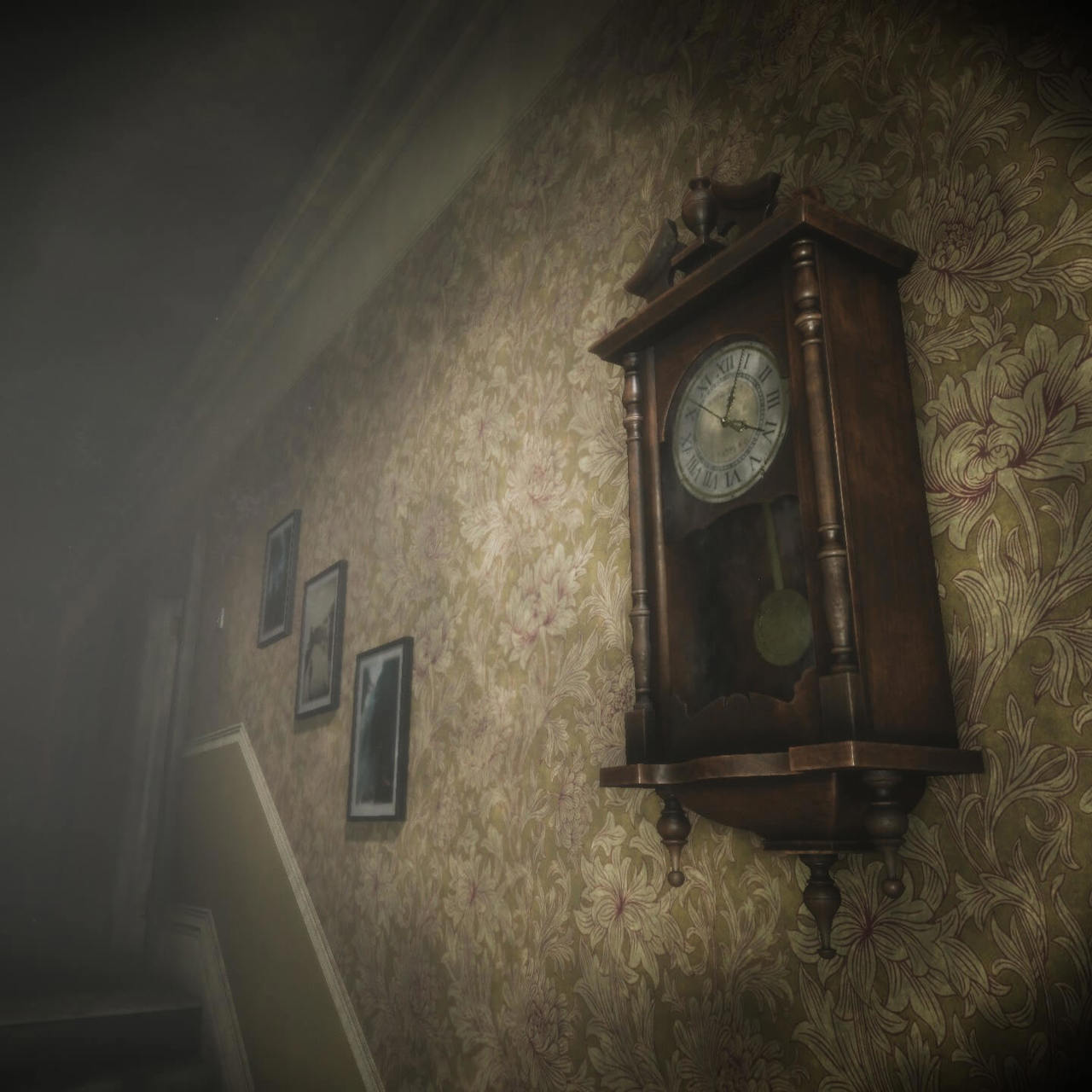 An old-fashioned clock on the wall of a dark house in Eternal Threads